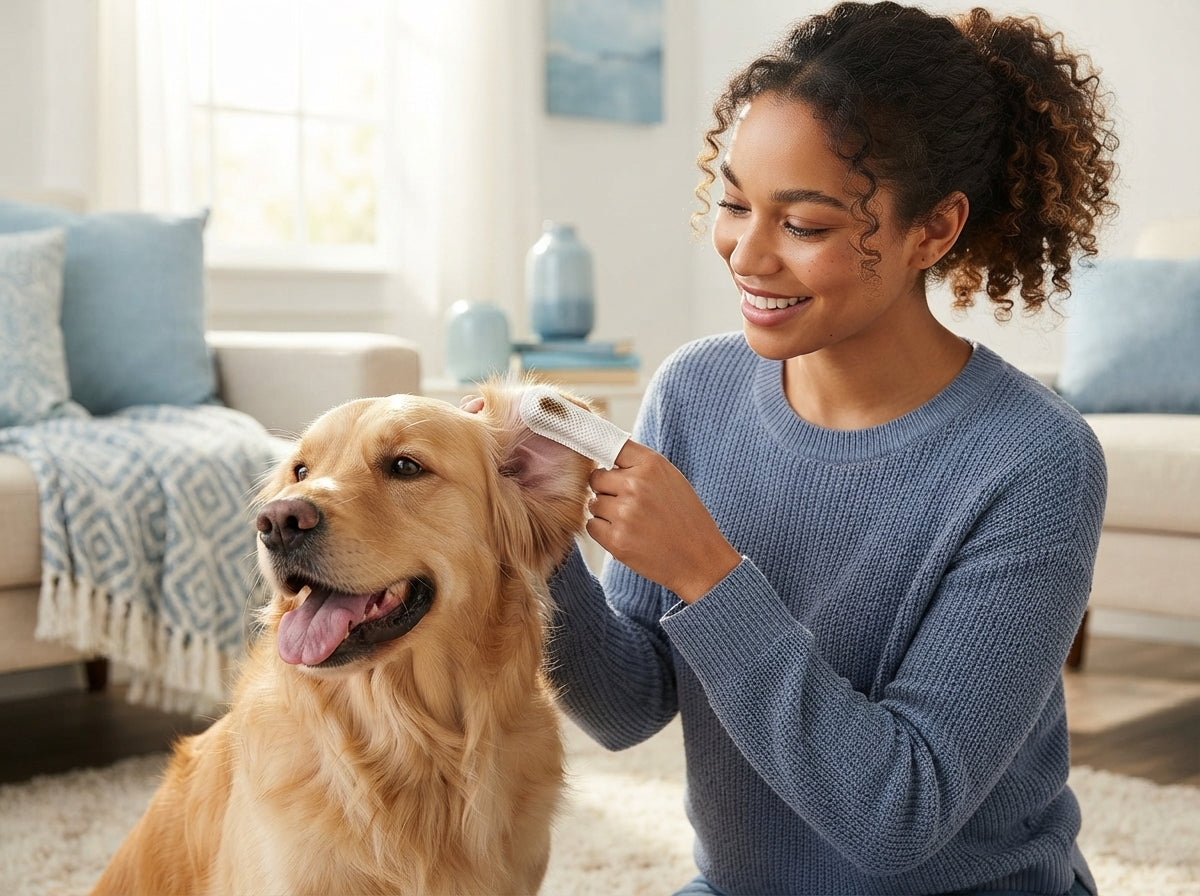 A woman gently cleaning a dog's ear with a white finger wipe in a sunlit home setting.