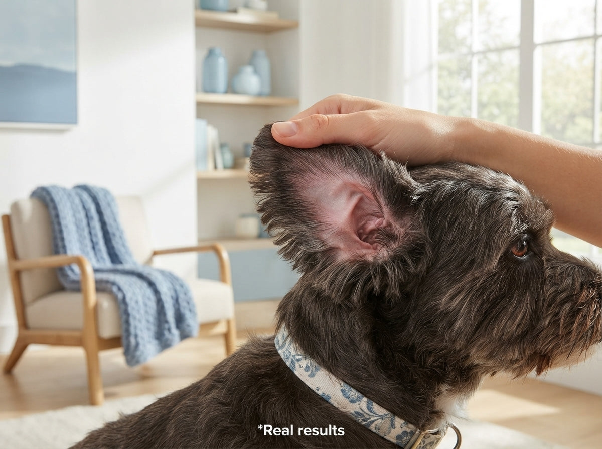 A person using a finger stall to clean a dog's teeth in a bright, modern home setting.