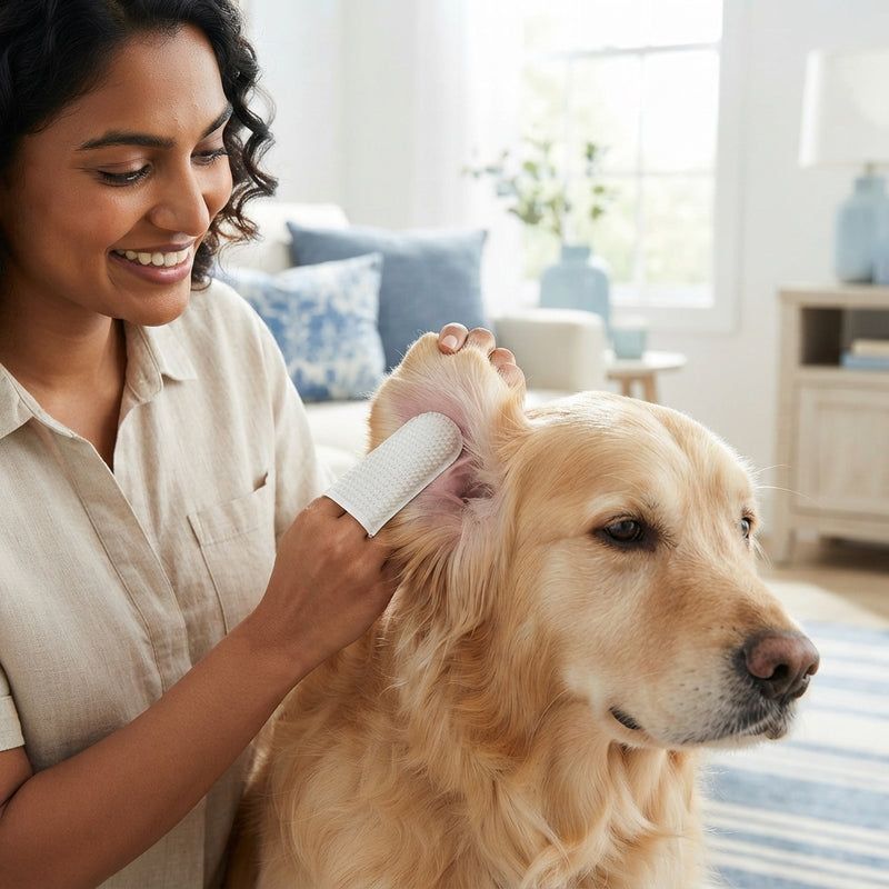 A person using a finger wipe to gently clean the ear of a golden retriever to reveal healthy, soothed pink skin.