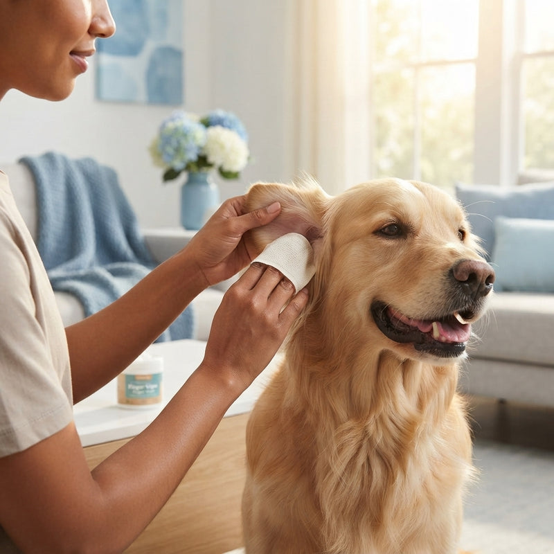 A person using an ear finger wipe to gently clean a Golden Retriever's ear in a bright, modern living room.