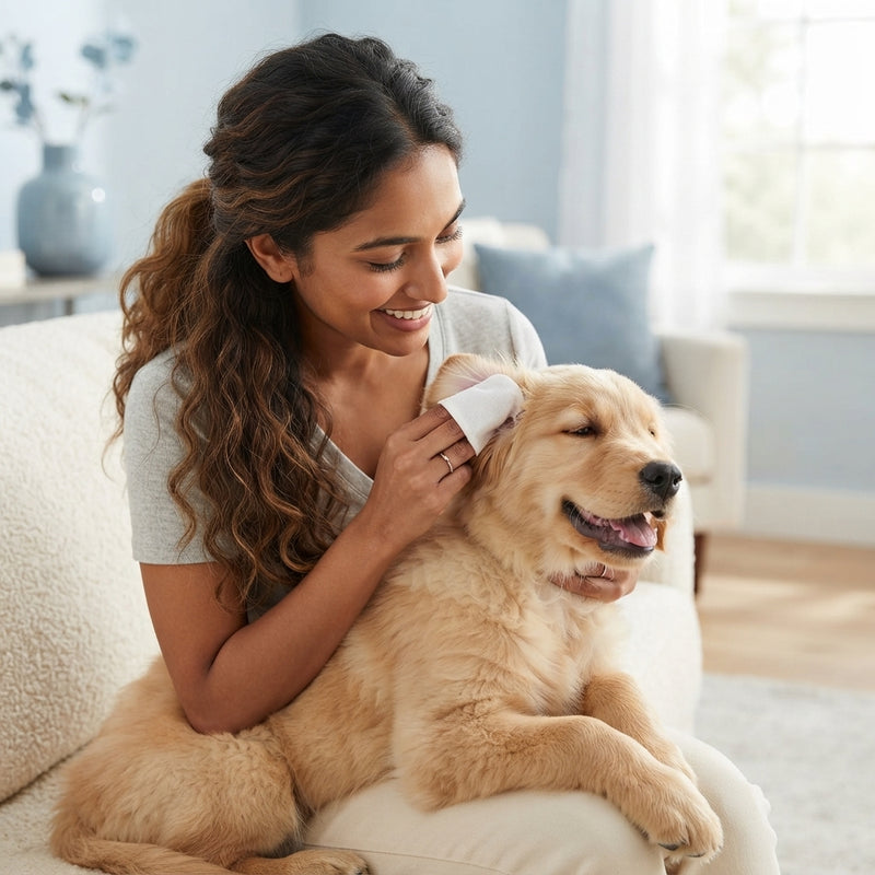 A smiling woman gently cleaning a happy puppy's ears with a finger wipe in a bright, modern living room.