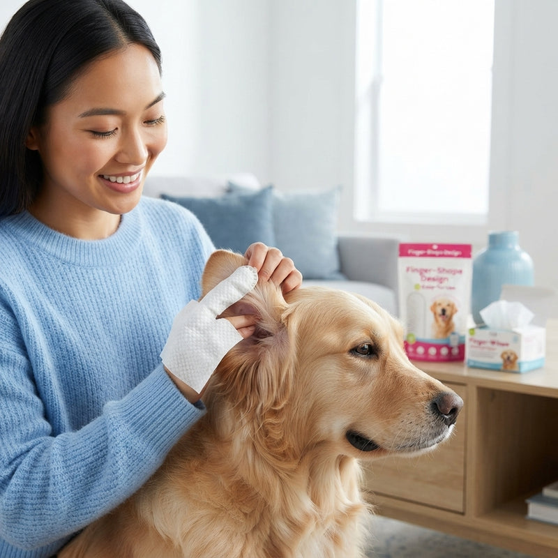 A person using a finger wipe to gently clean a golden retriever's ears in a bright, modern home setting.